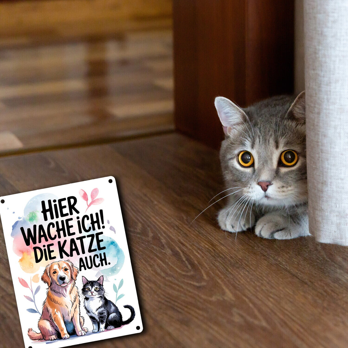 Hier wache ich Hund und Katze Metallschild in 15x20 cm