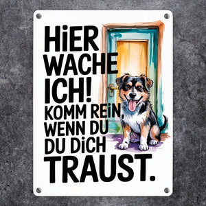 Hier wache ich! Komm rein wenn du dich traust Metallschild in 15x20 cm Hund