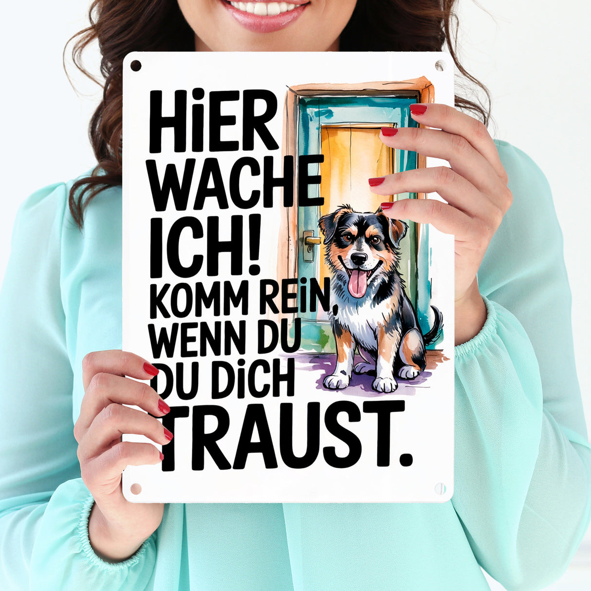 Hier wache ich! Komm rein wenn du dich traust Metallschild in 15x20 cm Hund
