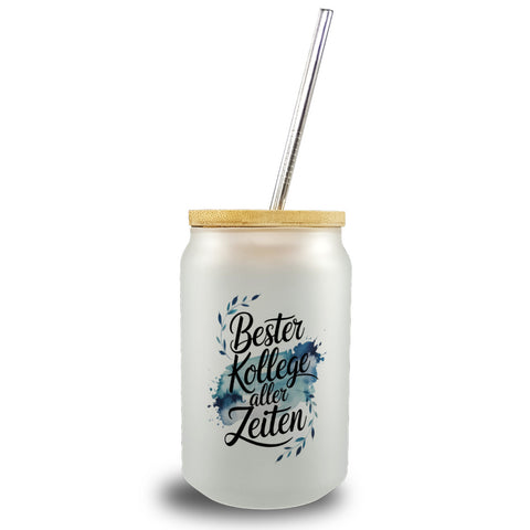 Bester Kollege aller Zeiten Trinkglas mit Bambusdeckel Aquarelles Blattmuster