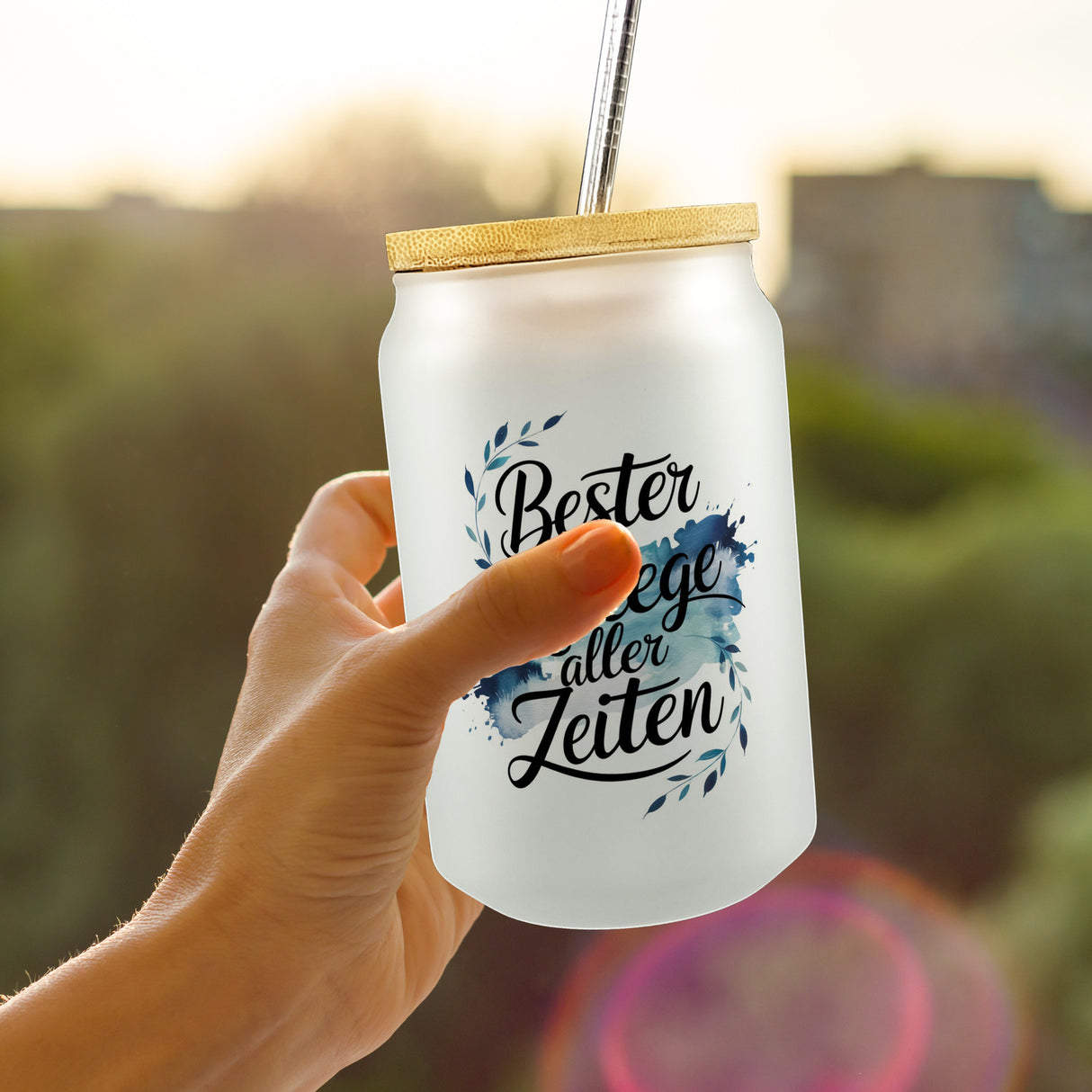 Bester Kollege aller Zeiten Trinkglas mit Bambusdeckel Aquarelles Blattmuster