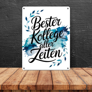 Bester Kollege aller Zeiten Metallschild in 15x20 cm Aquarelles Blattmuster