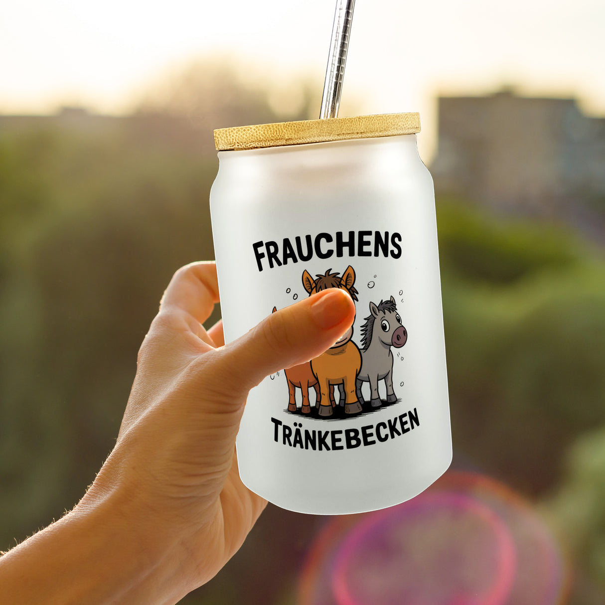 Cartoon-Pferde Frauchens Tränkebecken Trinkglas mit Bambusdeckel für Pferdeliebhaber