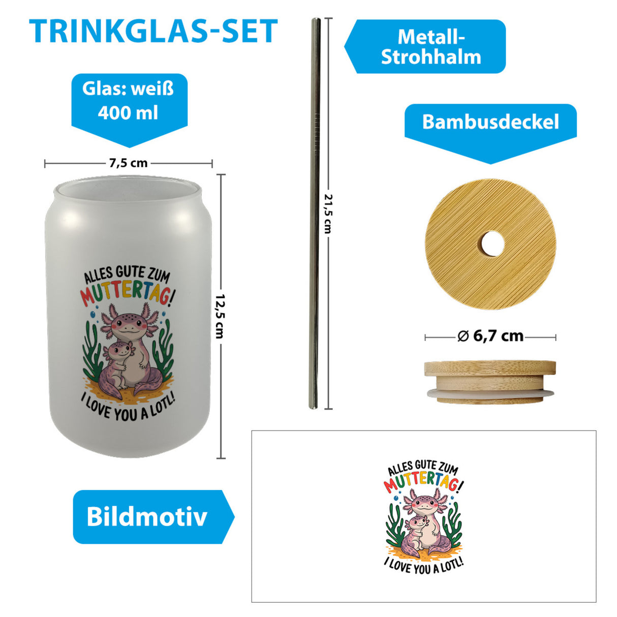 Axolotl Mutter-Kind Trinkglas mit Bambusdeckel Alles Gute zum Muttertag!