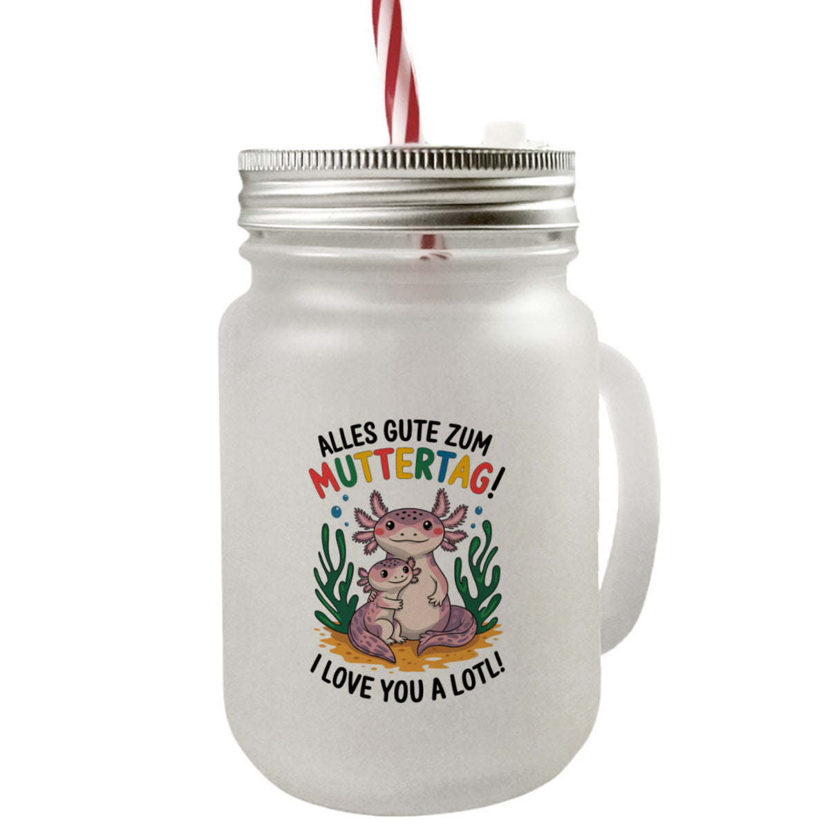 Axolotl Mutter-Kind Trinkglas mit Bambusdeckel Alles Gute zum Muttertag!