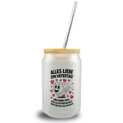 Alles Liebe zum Vatertag Trinkglas mit Bambusdeckel Spermien Cartoon mit Herzen
