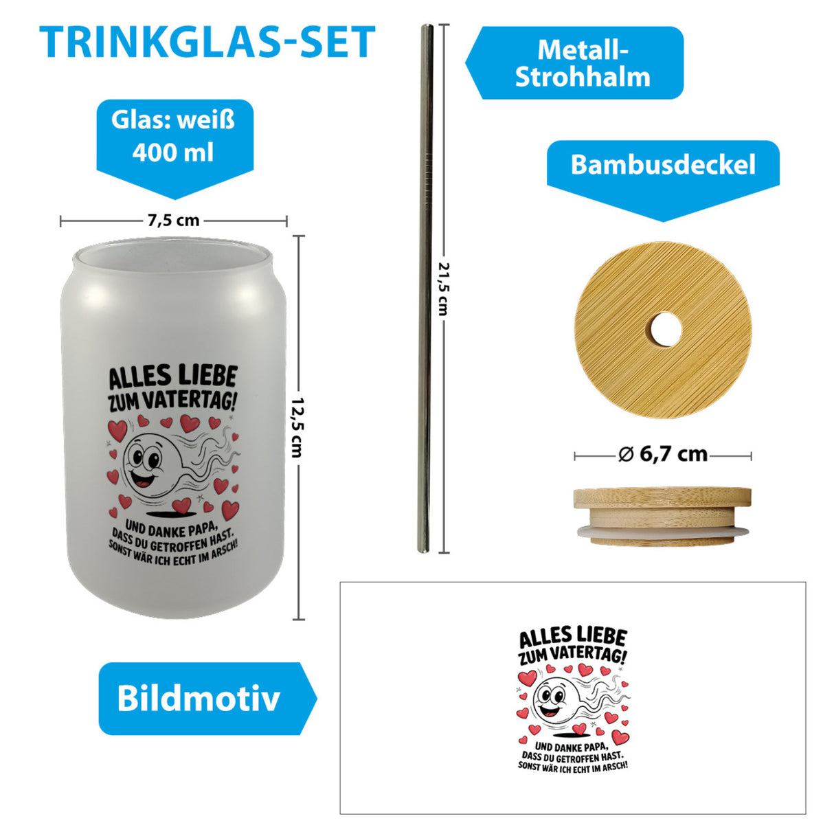 Alles Liebe zum Vatertag Trinkglas mit Bambusdeckel Spermien Cartoon mit Herzen