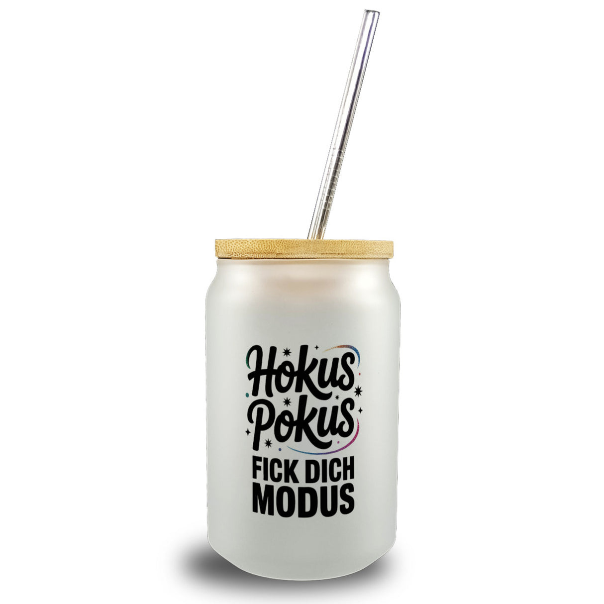 Hokus Pokus Trinkglas mit Bambusdeckel mit frechem Spruch