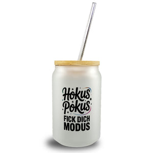 Hokus Pokus Trinkglas mit Bambusdeckel mit frechem Spruch