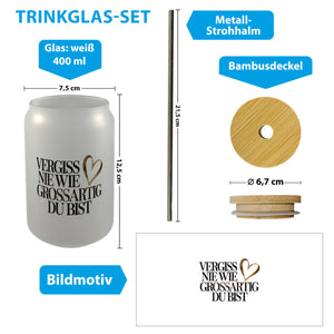 Vergiss nie wie großartig Du bist Trinkglas mit Bambusdeckel Goldenes Herz
