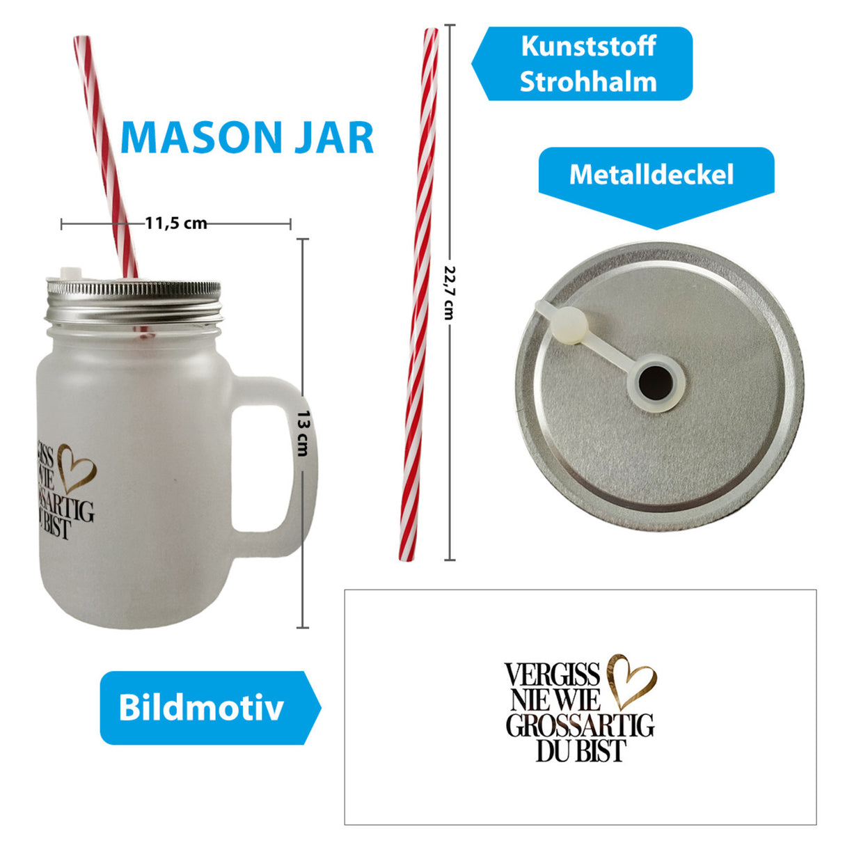 Vergiss nie wie großartig Du bist Trinkglas mit Bambusdeckel Goldenes Herz