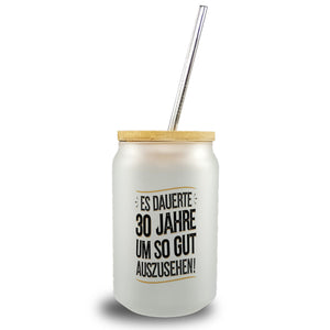 Es dauerte 30 Jahre Retro Trinkglas mit Bambusdeckel mit Spruch
