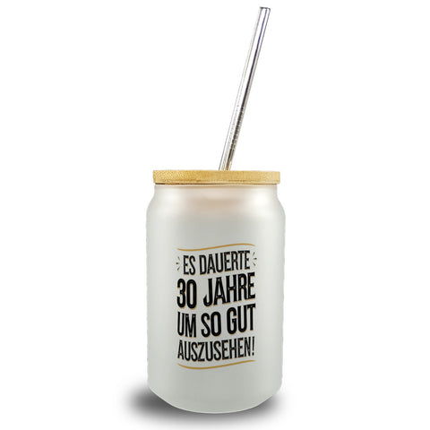 Es dauerte 30 Jahre Retro Trinkglas mit Bambusdeckel mit Spruch