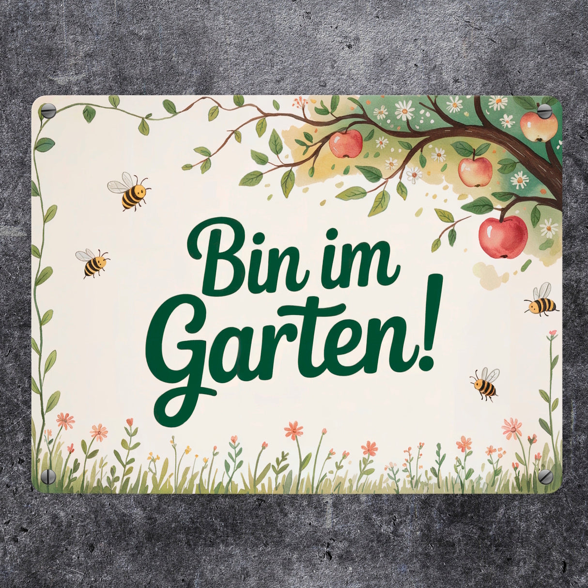 Bin im Garten! Metallschild in 15x20 cm Apfelbaum mit Bienen