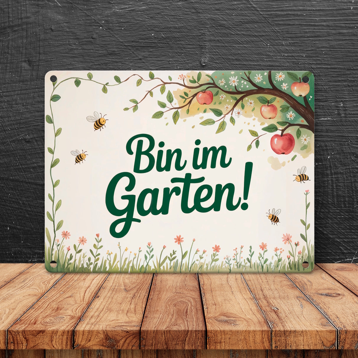 Bin im Garten! Metallschild in 15x20 cm Apfelbaum mit Bienen