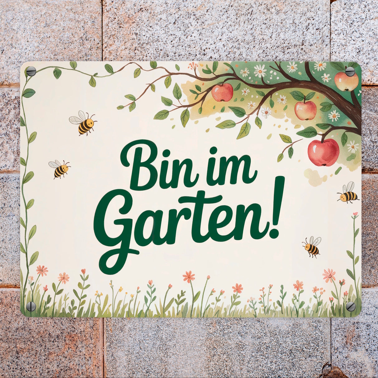 Bin im Garten! Metallschild in 15x20 cm Apfelbaum mit Bienen