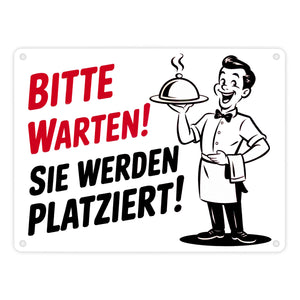 Fröhlicher Cartoon-Kellner - Bitte warten Metallschild in 15x20 cm