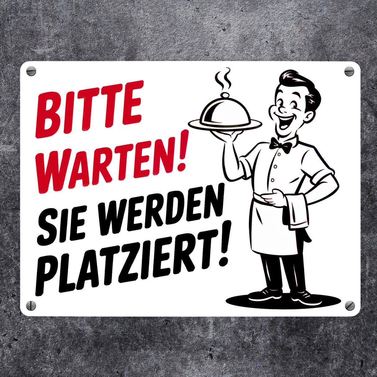 Fröhlicher Cartoon-Kellner - Bitte warten Metallschild in 15x20 cm