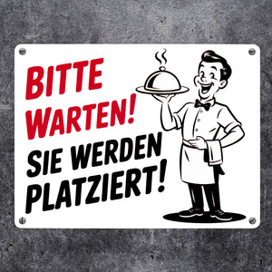 Fröhlicher Cartoon-Kellner - Bitte warten Metallschild in 15x20 cm