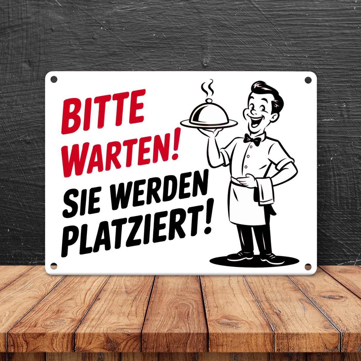 Fröhlicher Cartoon-Kellner - Bitte warten Metallschild in 15x20 cm