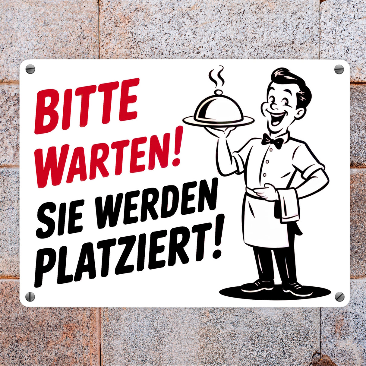 Fröhlicher Cartoon-Kellner - Bitte warten Metallschild in 15x20 cm