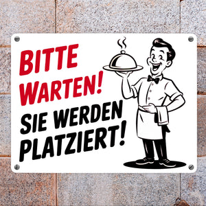 Fröhlicher Cartoon-Kellner - Bitte warten Metallschild in 15x20 cm