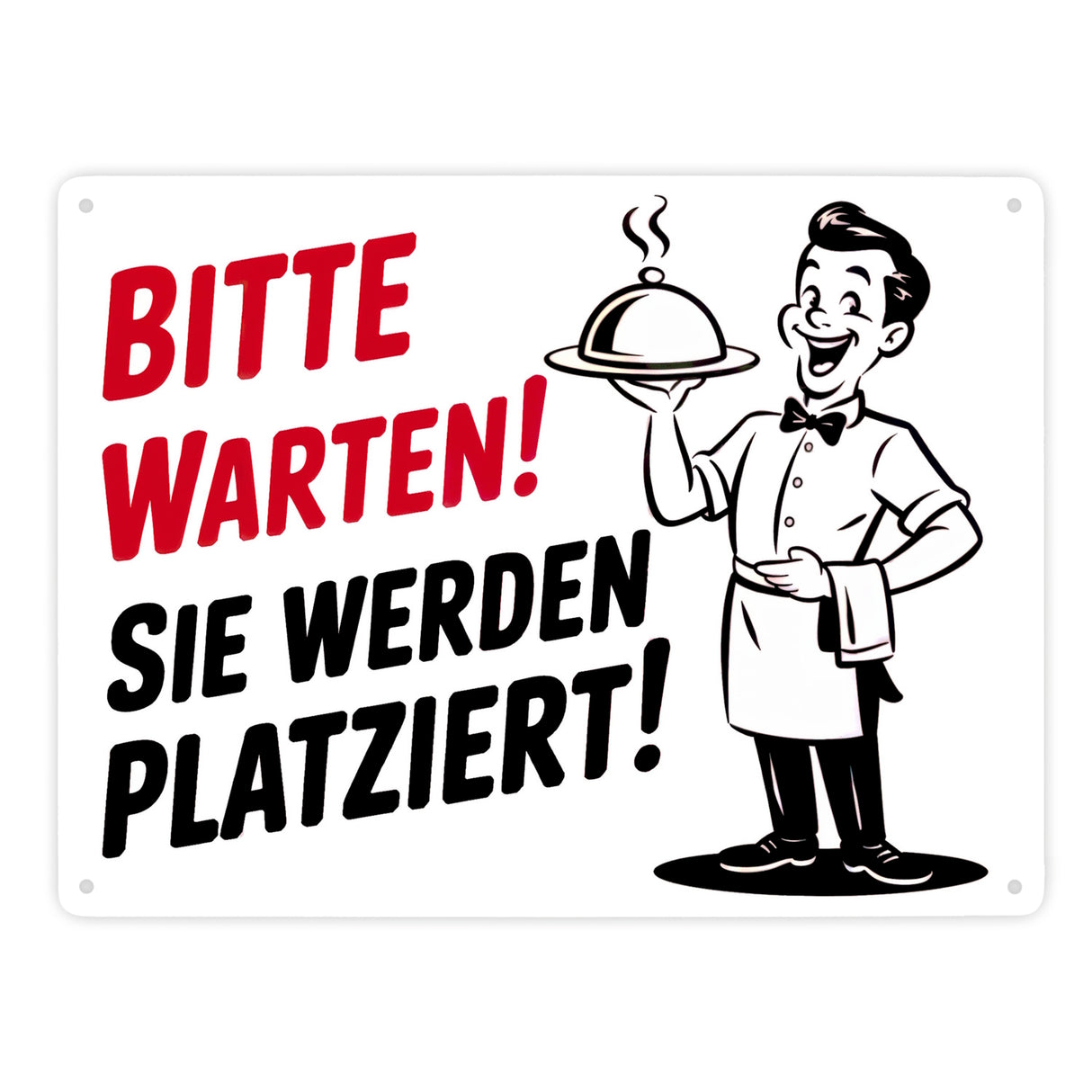 Fröhlicher Cartoon-Kellner - Bitte warten Metallschild in 15x20 cm