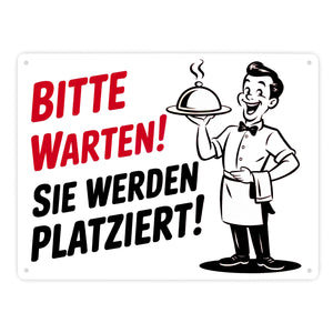 Fröhlicher Cartoon-Kellner - Bitte warten Metallschild in 15x20 cm