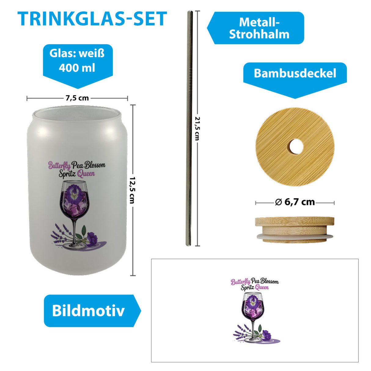 Butterfly Pea Blossom Spritz Queen Trinkglas mit Bambusdeckel