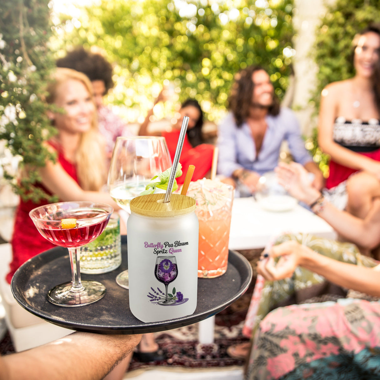 Butterfly Pea Blossom Spritz Queen Trinkglas mit Bambusdeckel