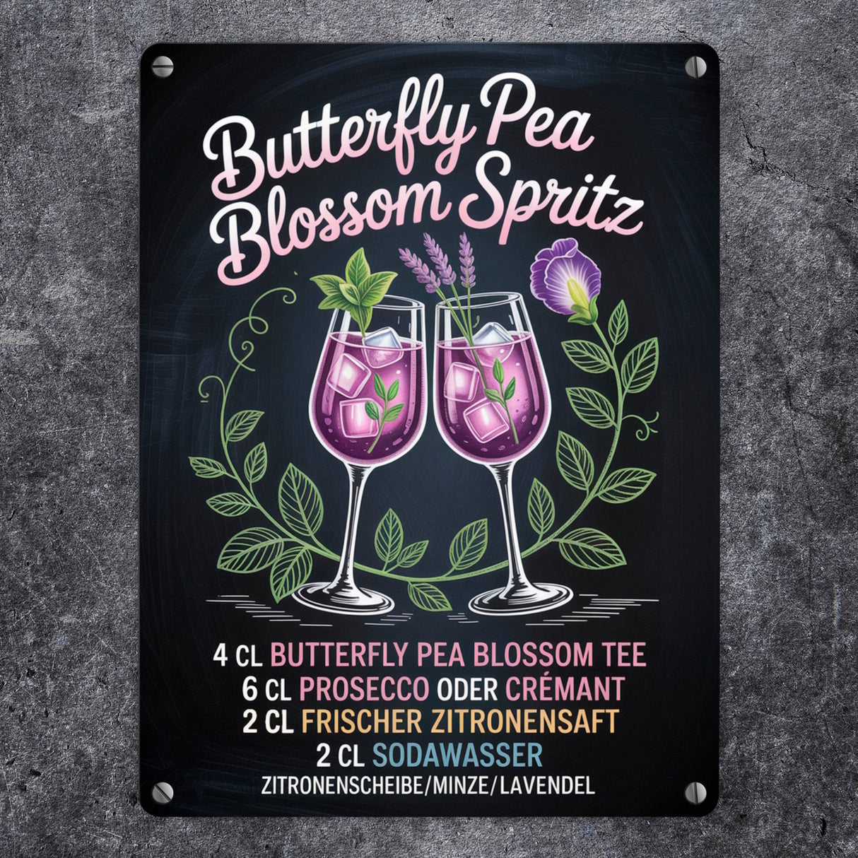 Butterfly Pea Blossom Spritz Metallschild in 15x20 cm Cocktail-Rezept für die Bar oder Küche