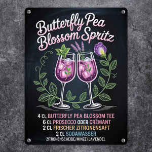 Butterfly Pea Blossom Spritz Metallschild in 15x20 cm Cocktail-Rezept für die Bar oder Küche