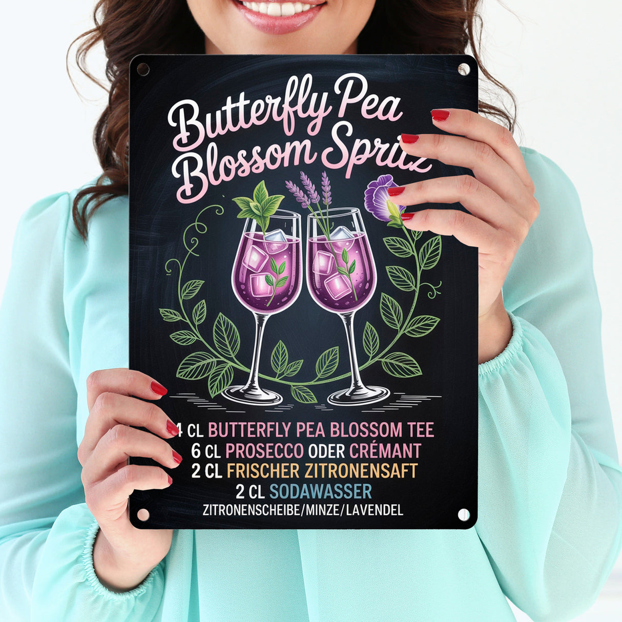Butterfly Pea Blossom Spritz Metallschild in 15x20 cm Cocktail-Rezept für die Bar oder Küche