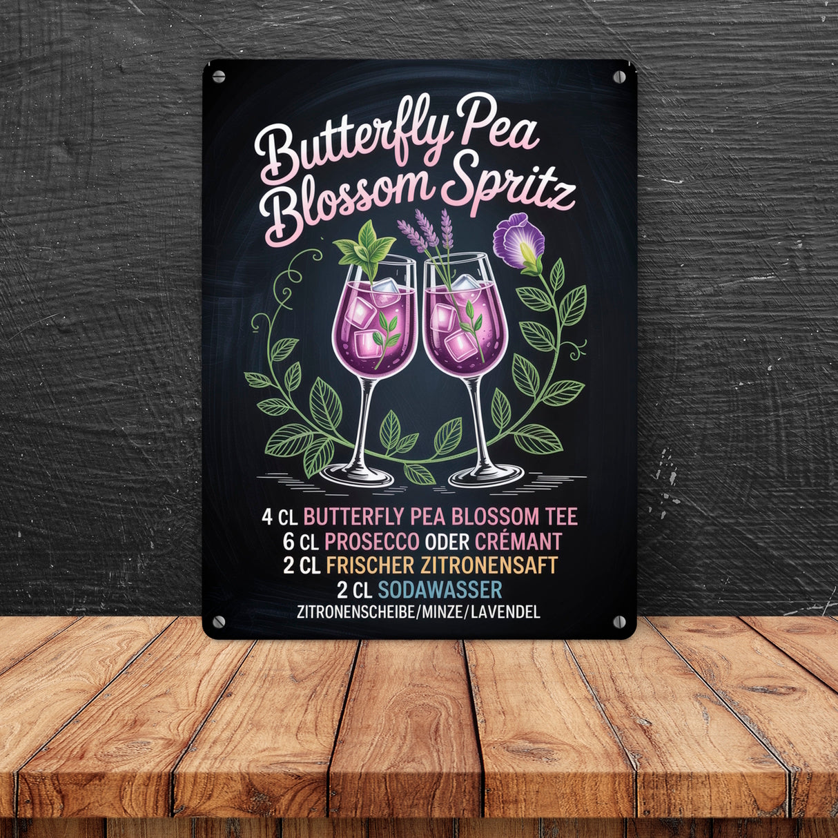 Butterfly Pea Blossom Spritz Metallschild in 15x20 cm Cocktail-Rezept für die Bar oder Küche