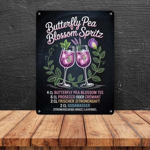 Butterfly Pea Blossom Spritz Metallschild in 15x20 cm Cocktail-Rezept für die Bar oder Küche
