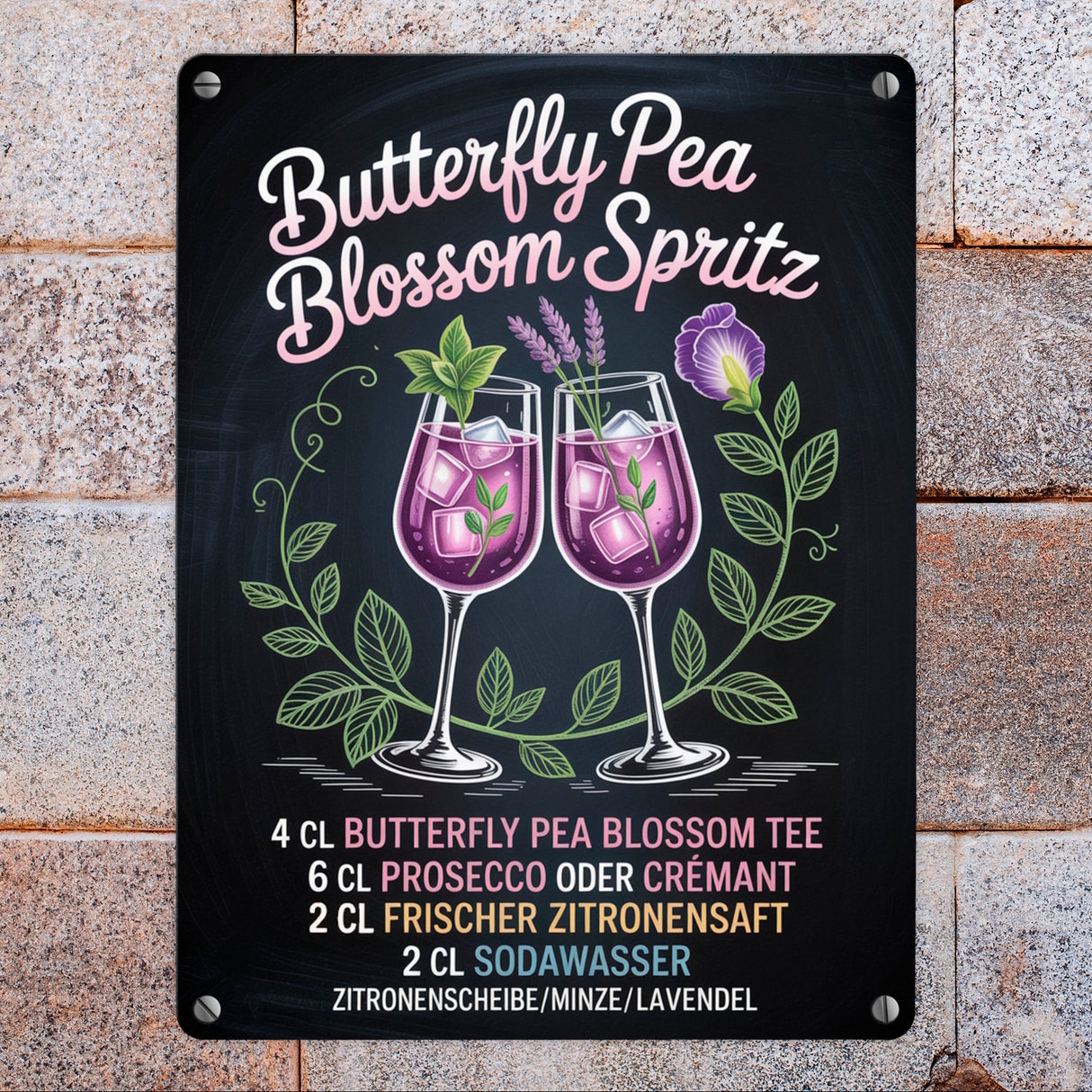 Butterfly Pea Blossom Spritz Metallschild in 15x20 cm Cocktail-Rezept für die Bar oder Küche