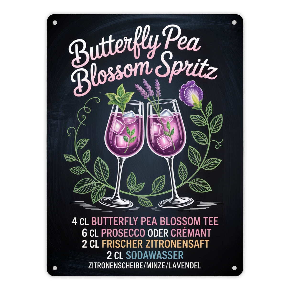 Butterfly Pea Blossom Spritz Metallschild in 15x20 cm Cocktail-Rezept für die Bar oder Küche
