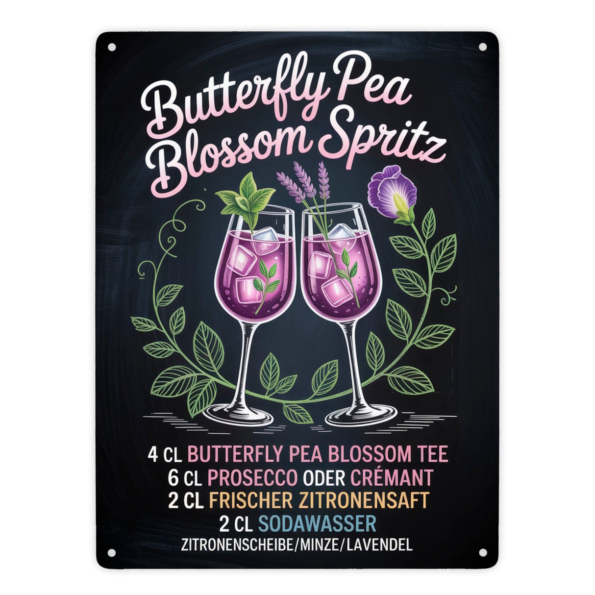 Butterfly Pea Blossom Spritz Metallschild in 15x20 cm Cocktail-Rezept für die Bar oder Küche