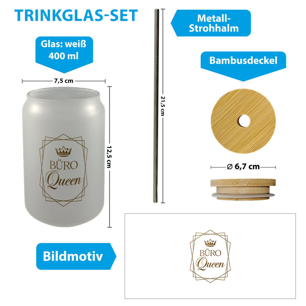 Büro Queen Trinkglas mit Bambusdeckel Kronensymbol