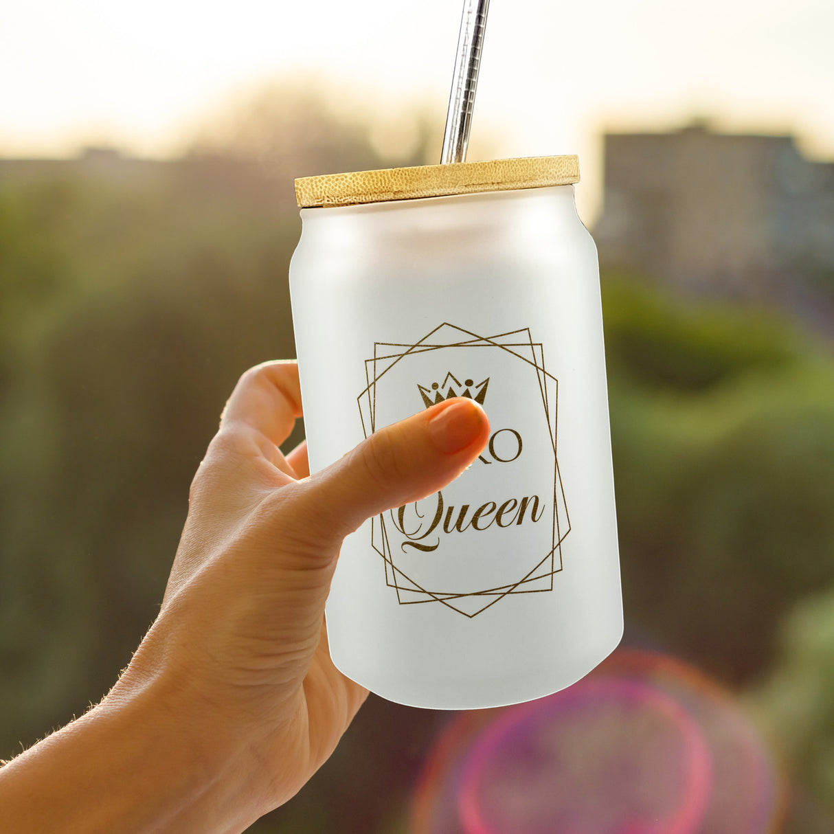 Büro Queen Trinkglas mit Bambusdeckel Kronensymbol