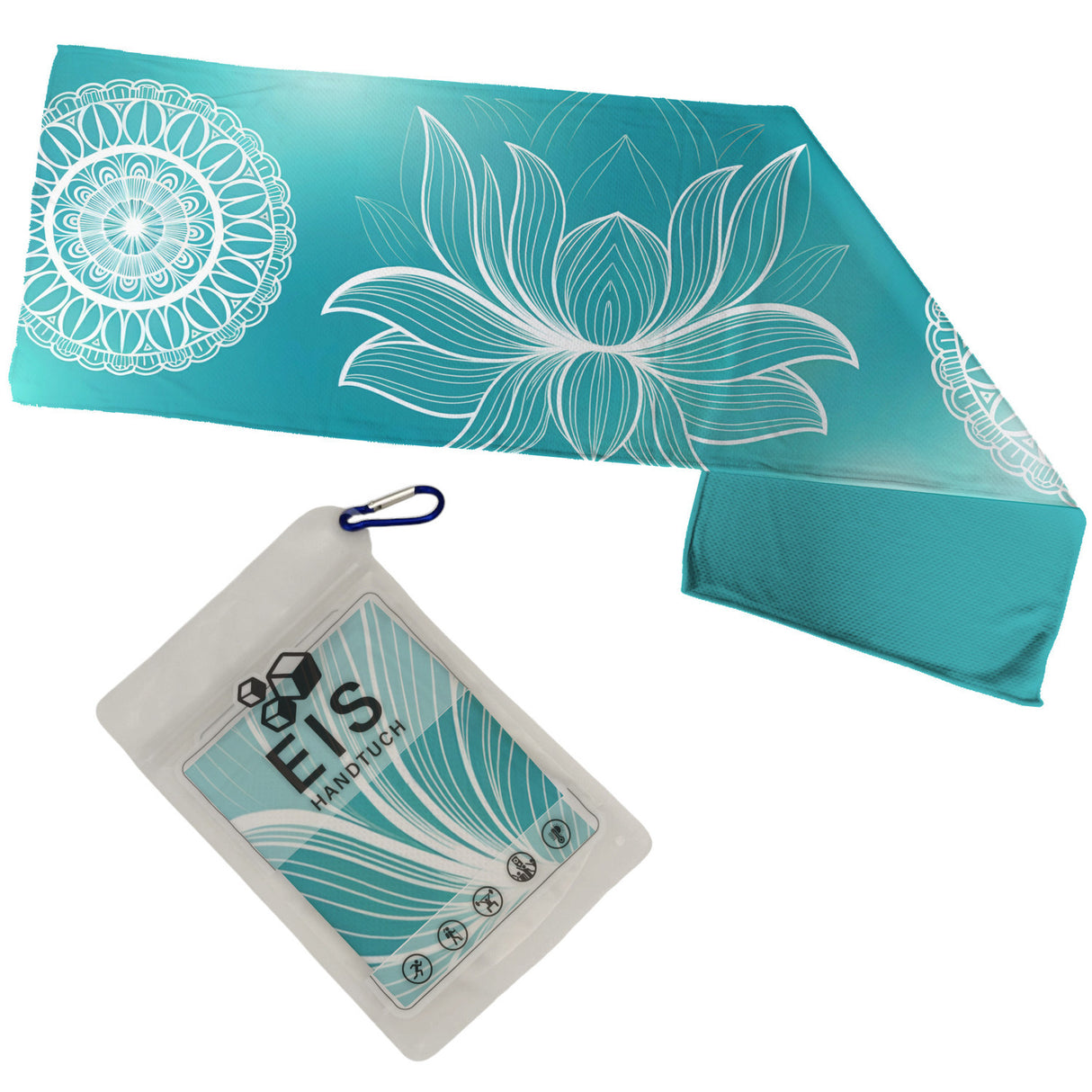 Türkises Boho Eishandtuch weiße Mandalas