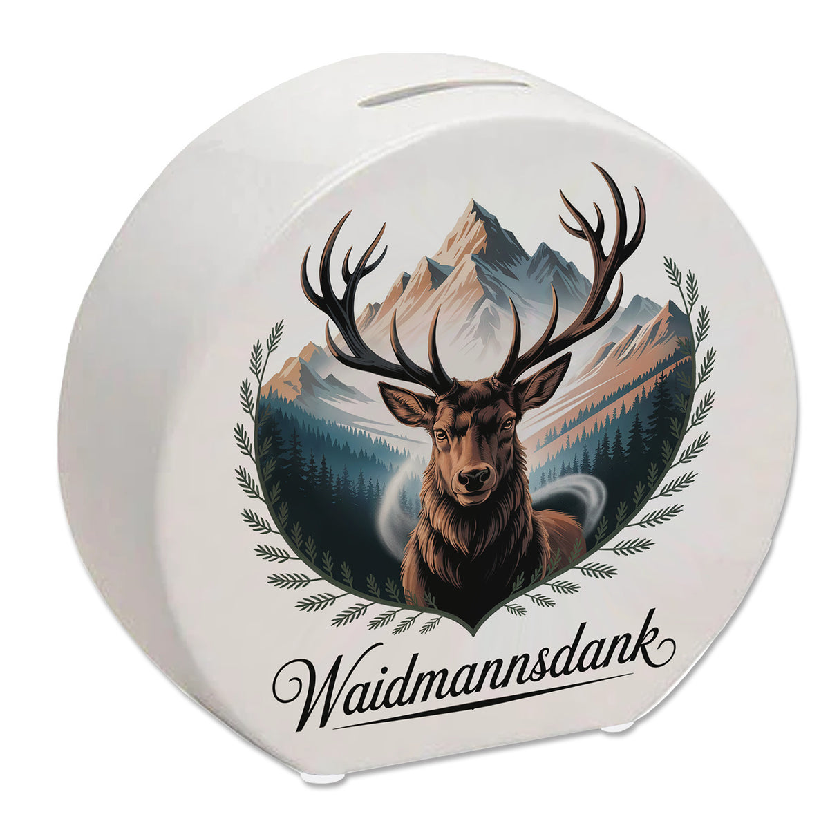 Waidmannsdank Hirsch vor Bergkulisse Spardose für Jäger