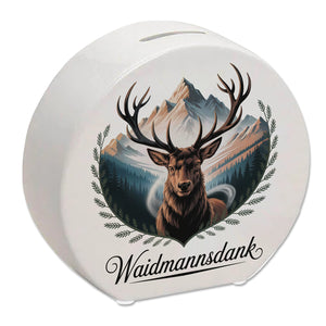 Waidmannsdank Hirsch vor Bergkulisse Spardose für Jäger
