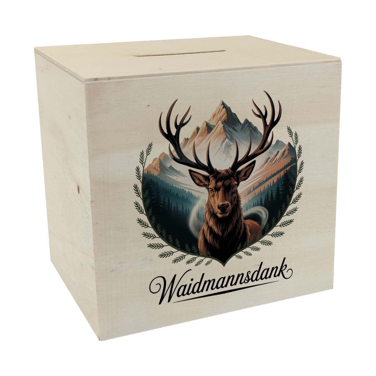 Waidmannsdank Hirsch vor Bergkulisse Spardose für Jäger