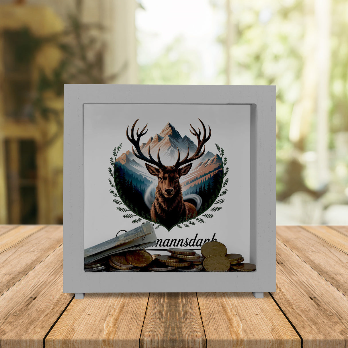 Waidmannsdank Hirsch vor Bergkulisse Spardose für Jäger