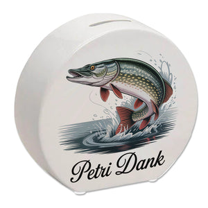 Petri Dank Spardose mit prächtigem Hecht für Angler