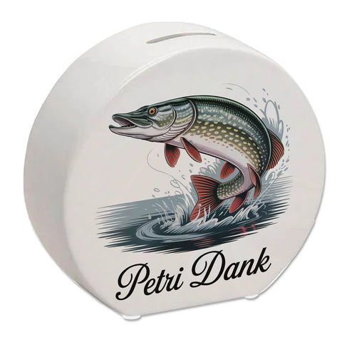 Petri Dank Spardose mit prächtigem Hecht für Angler