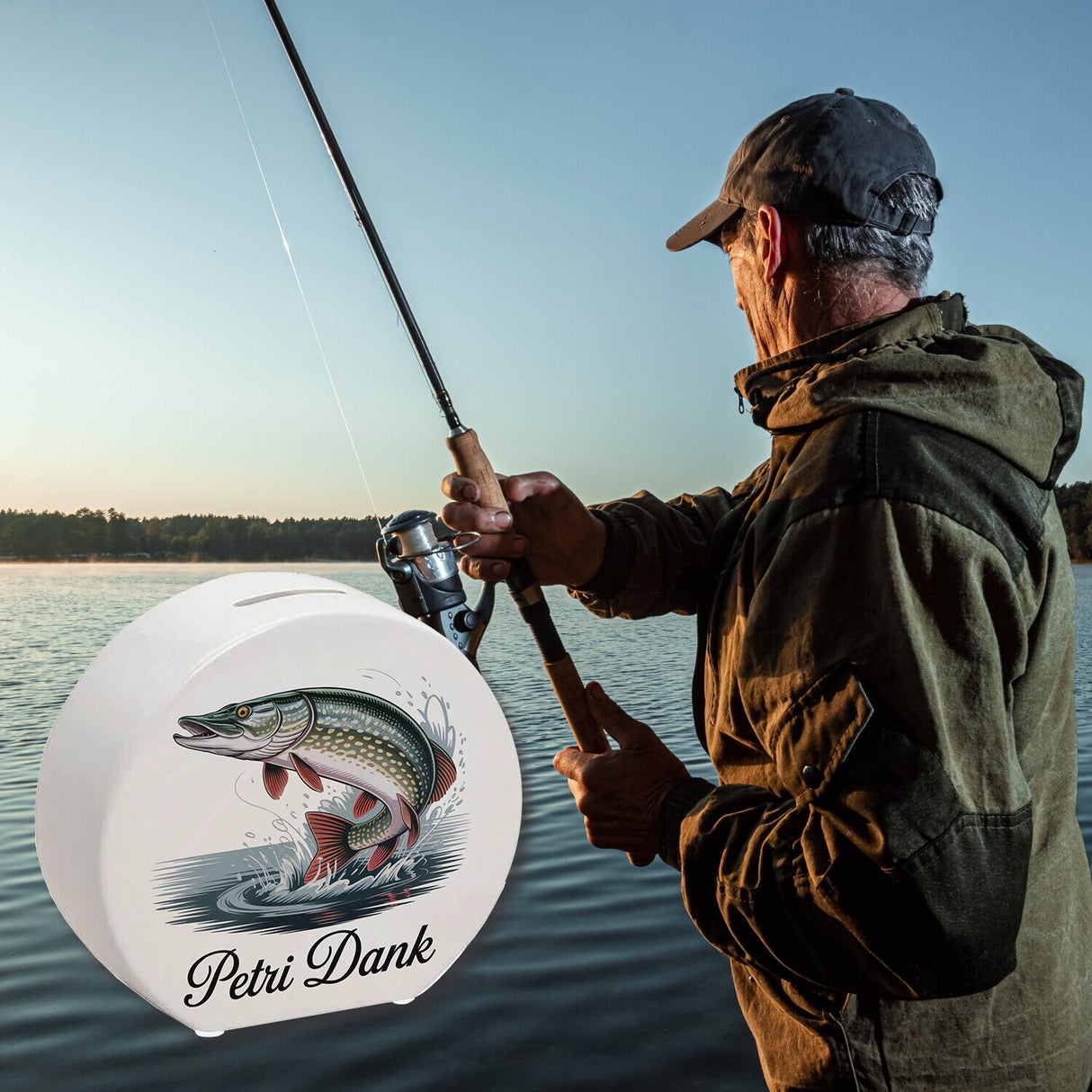 Petri Dank Spardose mit prächtigem Hecht für Angler