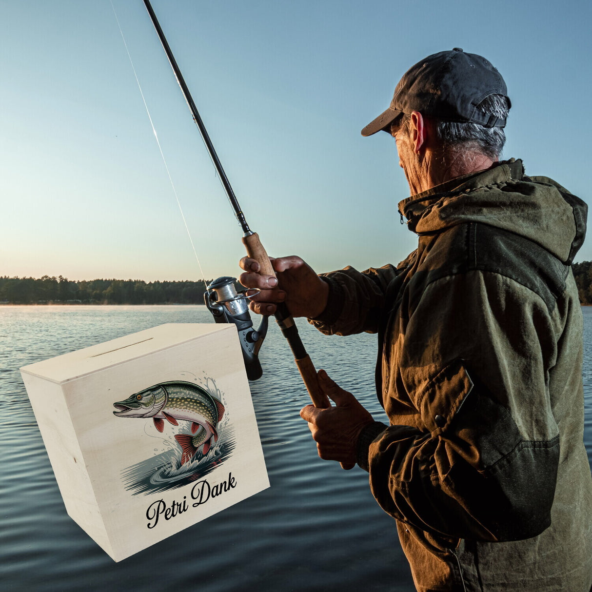 Petri Dank Spardose mit prächtigem Hecht für Angler
