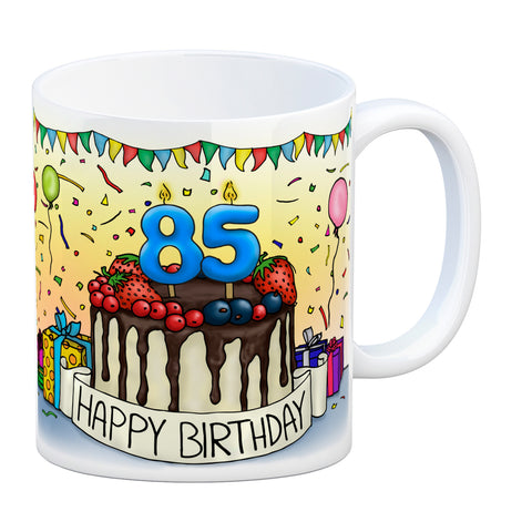 85. Geburtstag Tasse mit Kuchen und Geschenk und Anhänger: zum 31046. Tag